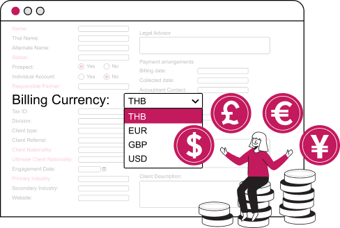 TaBS allows billing in multiple currencies and maintains charge rates